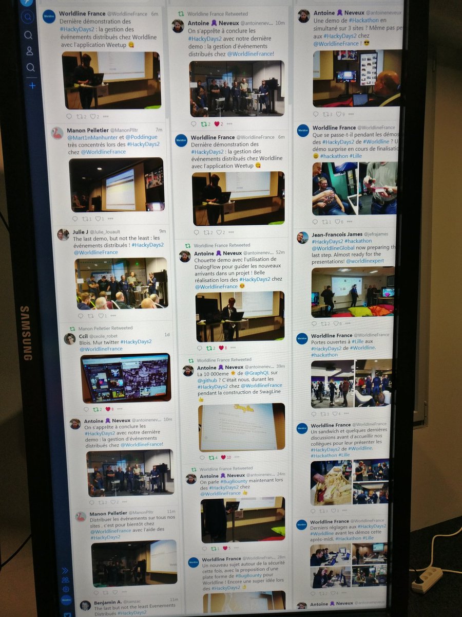 Julie_Jouault's tweet photo. #HackyDays2 Twitter Wall ! 🙂 @WorldlineFrance https://t.co/U5cgroZmyv