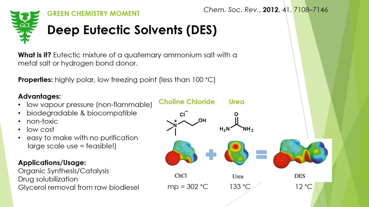 This week's #greenchemistry moment: Deep Eutectic Solvents. Highly polar solvents with a low freezing point. These solvents are nontoxic, biodegradable &amp; biocompatiable,  and cheap and easy to make! #RealTimeChem <a href="/GreenChemUofT/">GreenChemInitiative</a> <a href="/DalCleanTech/">DalCleanTech</a> <a href="/DalScience/">Dalhousie Science </a> #chemistry #science