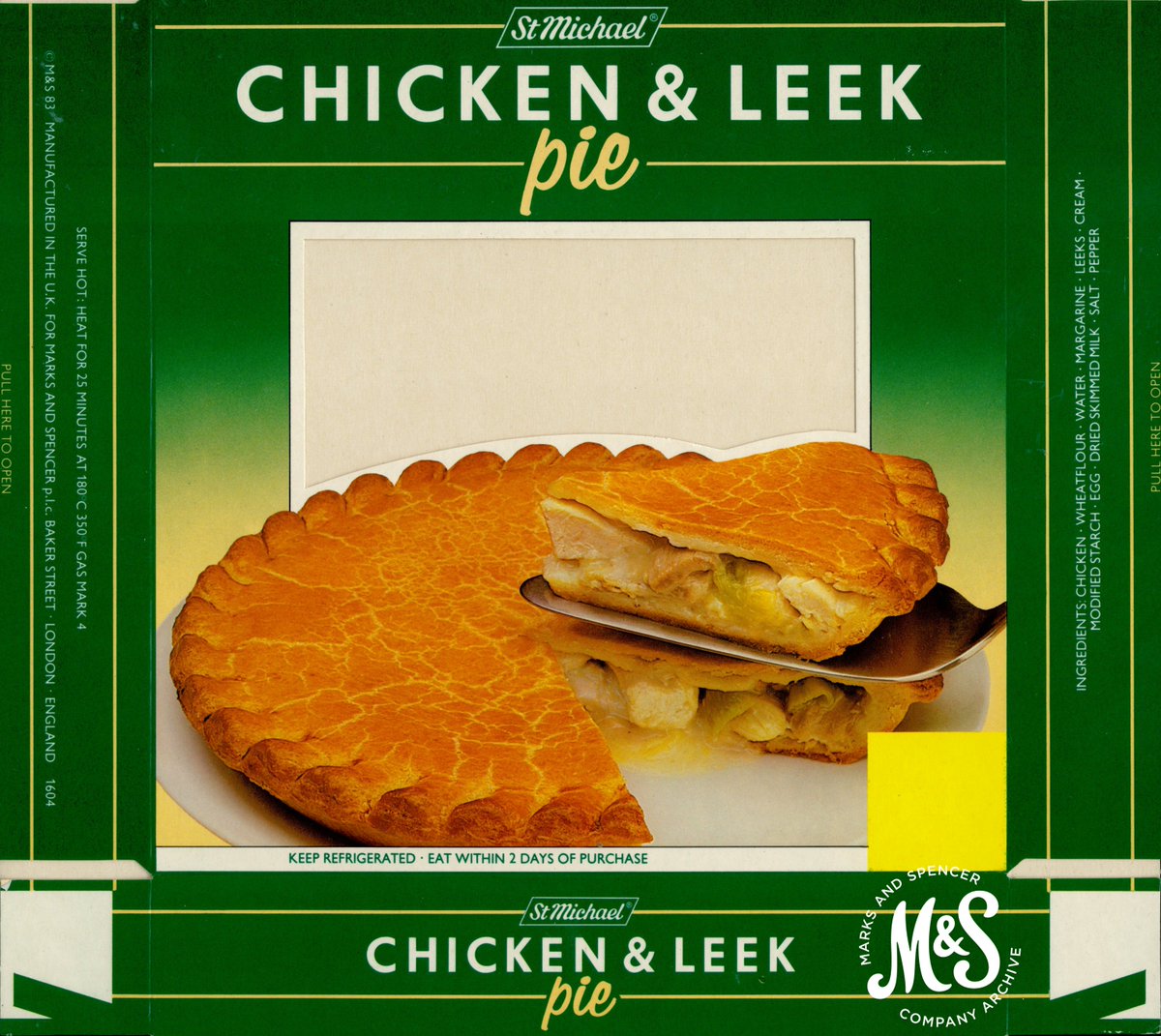 MandSHeritage's tweet photo. From our amazing food packaging collection, this 1983 Chicken and Leek Pie has got our tummies rumbling! #isitteatimeyet #isitdinnertimeyet
#1980sdesign #graphicdesign #vintagefoodpackaging https://t.co/4sRc45LsKL