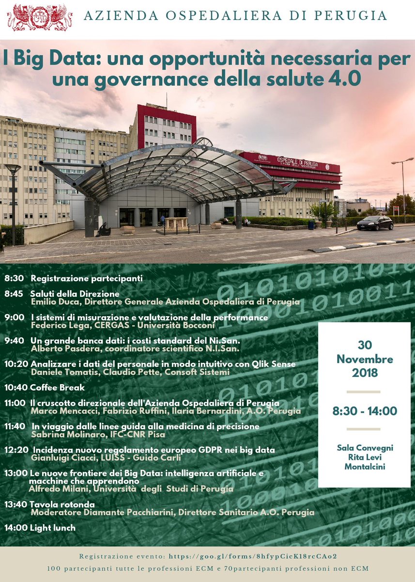 Big data in @ospedaleperugia 30 novembre 2018-save the date @marcomencacci @ilaberna @carnio70 @daniele_torroni @martuli75 @mariottifran @fgiusepp @suxsonica @ggiombolini @DeRebotti @Stefabranco #BigData #cruscotto #MachineLearning #innovazione #sanità #cittadinoalcentro