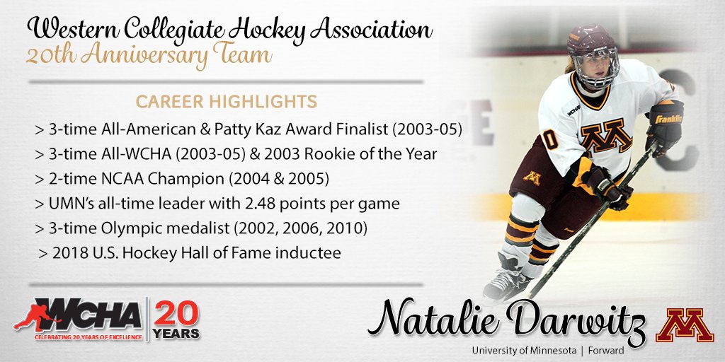 WCHA_WHockey's tweet image. We are proud &amp;amp; honored to introduce the 4th member of our #WCHA 20th Anniversary Team: @GopherWHockey great &amp;amp; 2018 U.S. Hockey Hall of Fame inductee Natalie Darwitz, who starred for the #Gophers from 2002-05!
#GWH | #WeAreWCHA | #20YearsOfExcellence

📑: bit.ly/2PlEpEZ