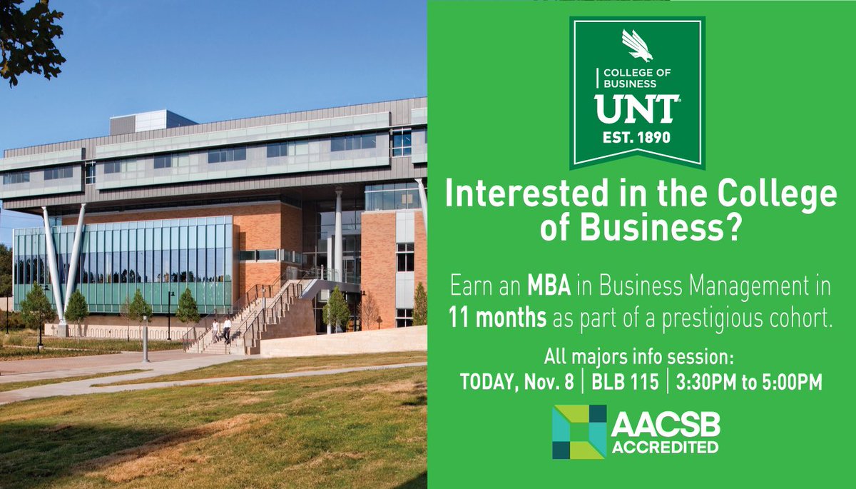 UNTRyanBusiness's tweet photo. Earn an MBA in Business Management in 11 months as part of a prestigious cohort. All majors are encouraged to learn more! Join us at our information session TODAY, Nov. 8th, in BLB room 115 from 3:30PM to 5:00PM. #WeMeanBusiness #GradDegree https://t.co/fQPG1JUYPH