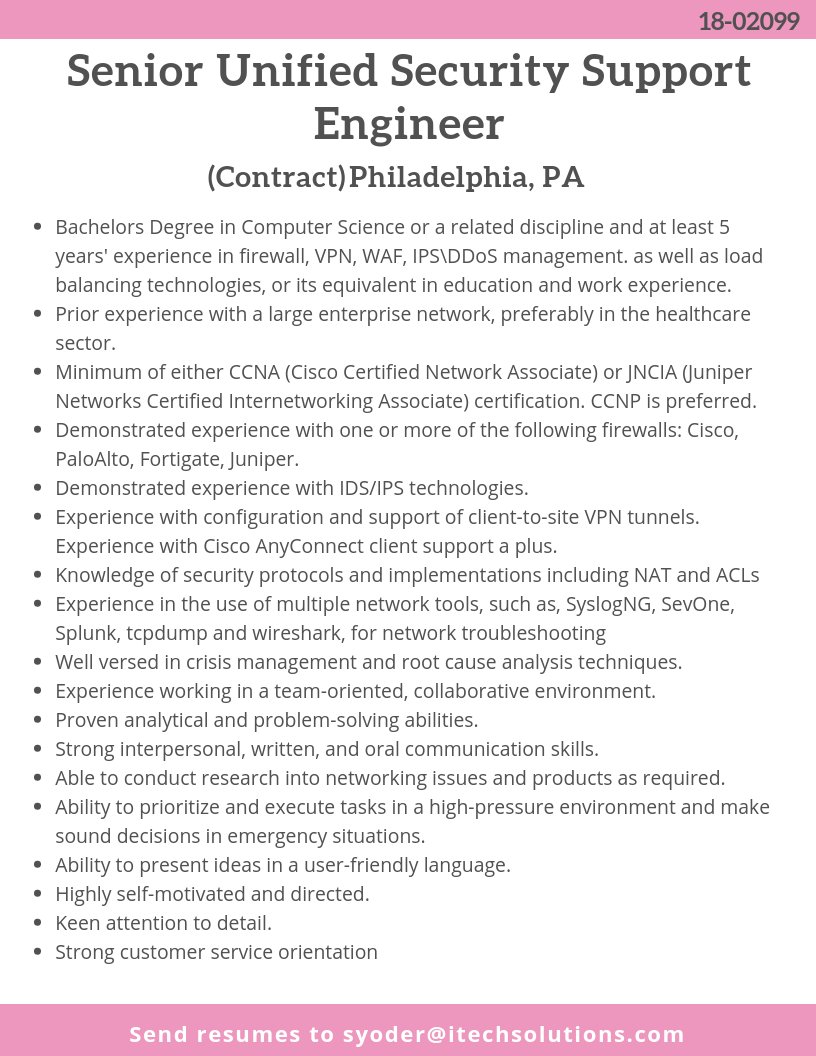 iTechSolutions_'s tweet image. We have an opening for a Senior Unified Security Support Engineer for a Contract position in Philadelphia, PA. #SecurityEngineer #SeniorSecurityEngineer #SecuritySupportEngineer #SecurityEngineerJobs #SecurityJobs #ITJobs #HotJobs

buff.ly/2zBSnaR