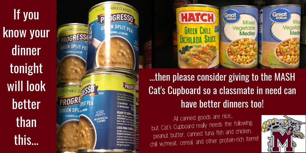 MathisEnglish's tweet image. Alright @MashStudents, Cat's Cupboard is filling up...but is it filling up with things YOU'D like for dinner? If not - please donate some of the items that would make a better meal for a fellow student in need. #mashproud #masdproud #fillcatscupboard
