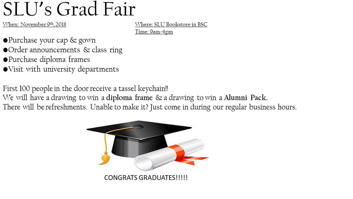 SLUBooks's tweet photo. Woohoo Grad Fair Tomorrow!!!!!!! https://t.co/f8qokI83ZW