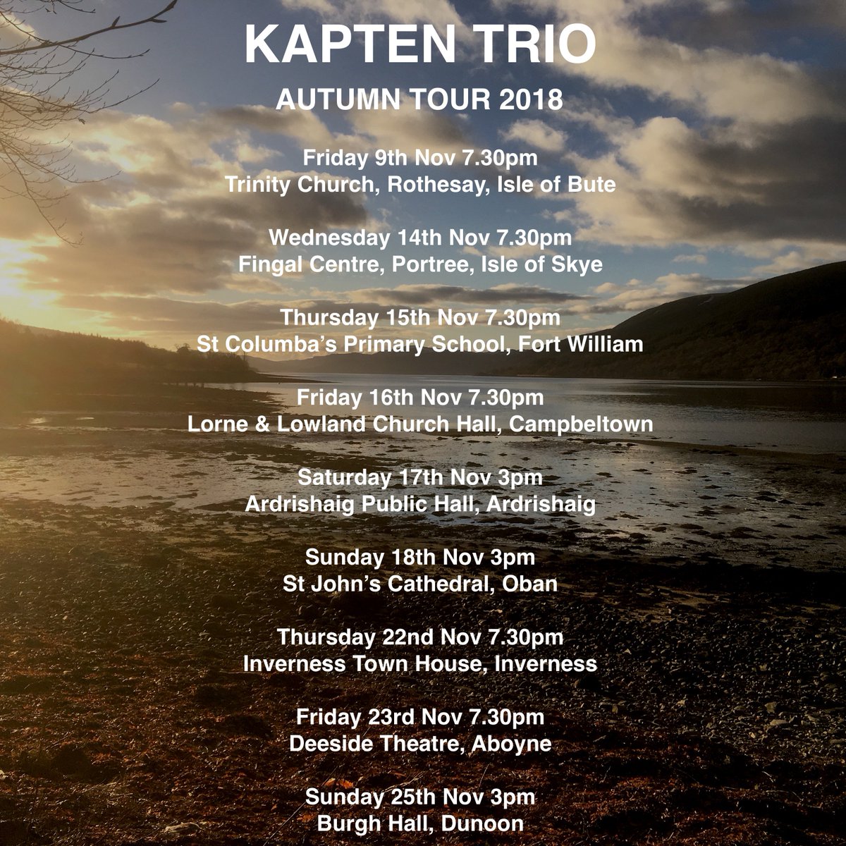 Kapten Trio (@kaptentrio) on Twitter photo Our autumn tour commences tomorrow! Performances across Scotland in Bute, Skye, Fort William, Campbeltown, Ardrishaig, Oban, Inverness, Aboyne & Dunoon.. We hope you'll join us along the way! <a href="/argyllandbute/">Argyll and Bute Council</a> <a href="/wildaboutargyll/">Wild About Argyll | Scotland’s Adventure Coast</a> <a href="/MusicNewsScot/">MUSIC NEWS Scotland</a> @EMusicScotland #chambermusic #pianotrio Our autumn tour commences tomorrow! Performances across Scotland in Bute, Skye, Fort William, Campbeltown, Ardrishaig, Oban, Inverness, Aboyne & Dunoon.. We hope you'll join us along the way! <a href="/argyllandbute/">Argyll and Bute Council</a> <a href="/wildaboutargyll/">Wild About Argyll | Scotland’s Adventure Coast</a> <a href="/MusicNewsScot/">MUSIC NEWS Scotland</a> @EMusicScotland #chambermusic #pianotrio