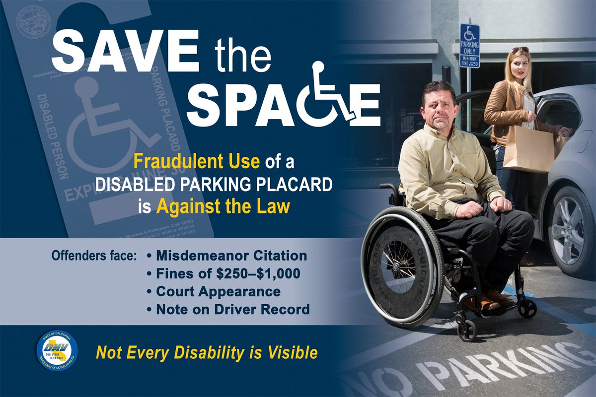 CA_DMV's tweet image. DMV investigators caught 109 people misusing disabled person parking placards during 21 enforcement operations in October. #SaveTheSpace bit.ly/2RDMm4I