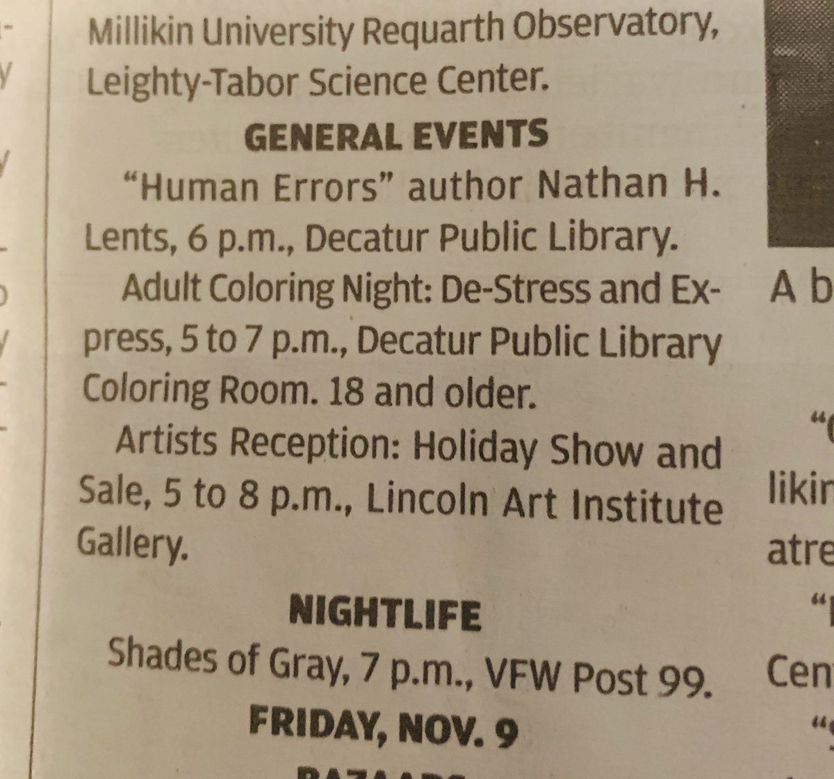 nathanlents's tweet image. My event at the @LibraryDecatur tonight is listed in the @heraldandreview, but how can I possibly compete with adult coloring night! #humanerrors #togetherdecatur