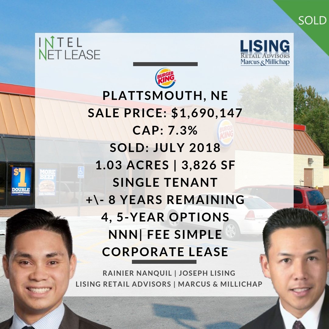 intelnetlease's tweet photo. SOLD!
Tenant: Burger King
Price: $1,690,147
Cap: 7.3%
Brokerage: Lising Retail Advisors of Marcus &amp; Millichap @LisingRetail 
Deal Makers: Rainier Nanquil (@NNNdigitalnomad) &amp; Joseph Lising
Location: Plattsmouth, NE

#Retail #CRE #NNN #TripleNet #SingleTenant #BurgerKing #1031 https://t.co/goOBUukqD4