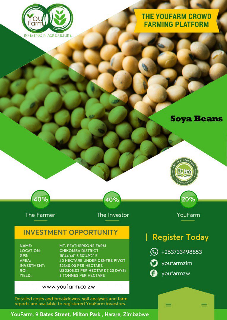 Investment opportunity alert! 40 hecatres soya beans under center pivot. 
Required Investment $84,872.00
Min Investment $100
$1200.00 invested thus far
ROI 180 days
Profit share 40%
Closing date 30 November
preview.tinyurl.com/yagb25tz