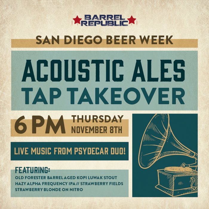 .@AcousticAles Tap Takeover PLUS Live Acoustic. Coincidence? No way, Jose! Join us tonight in #Oceanside and pour up a few of their tasty brews while enjoying tunes by @Psydecar 🍻