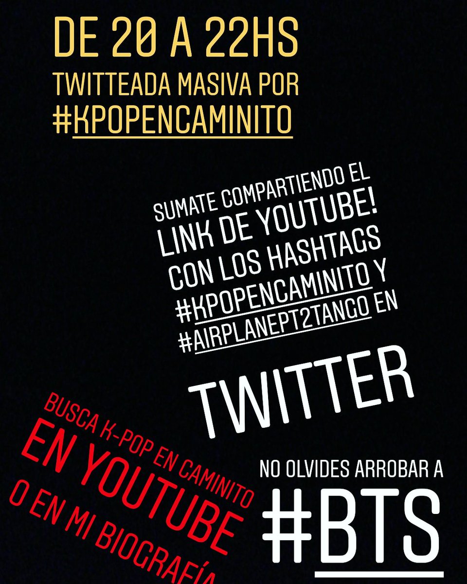 realninioficial's tweet photo. HOY ES EL DÍA! twitteada masiva para que #kpopEnCaminito llegue a #BTS ❤️❤️
Copemos los medios! Comparti el link de youtube o el video con los hashtags #KpopEnCaminito y #airplanept2Tango
Mostremos con que pasión se vive el #kpop en Argentina 💃 
Link : https://t.co/n5ez5z7jfu https://t.co/JRpeIpsEaa