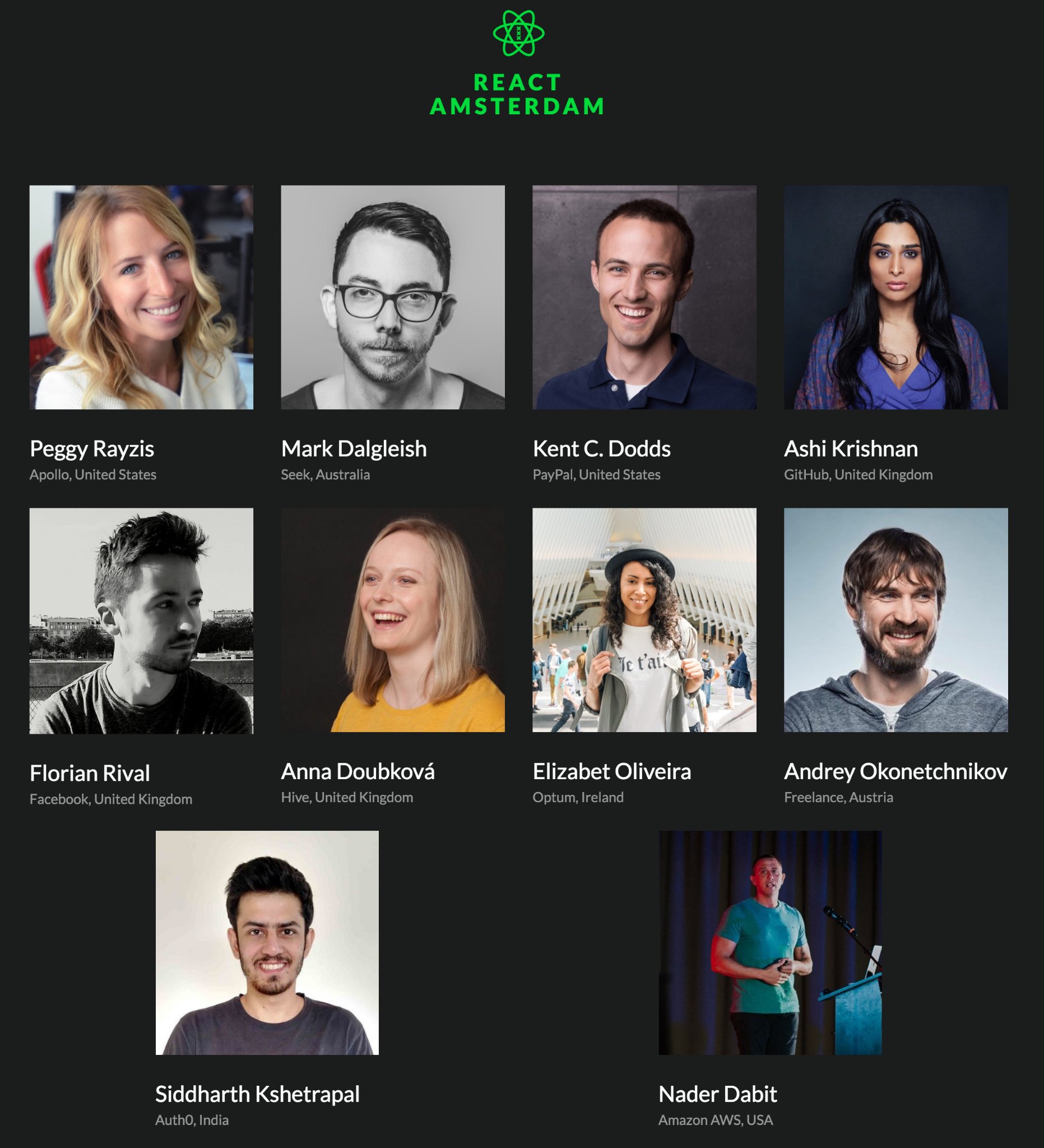 list of speakers on the react Amsterdam website