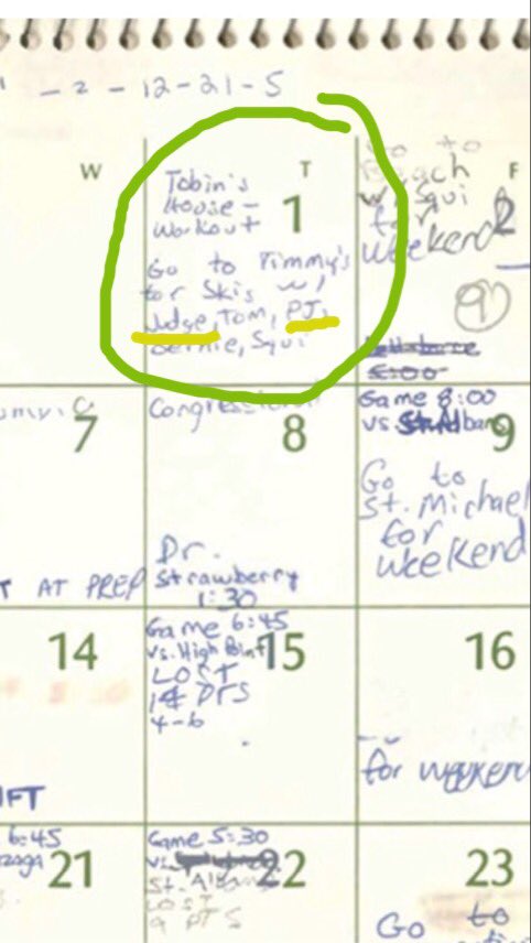 Ves_7's tweet image. “Falsely”? His own calendar names 2 people Ford named present at the gathering, his room mate &amp;amp; school mates confirm he drank excessively &amp;amp; regularly just like Ford described him on the night of her assault, misogynist attitude documented in yearbook, dumbass. #KavanaughIsGuilty