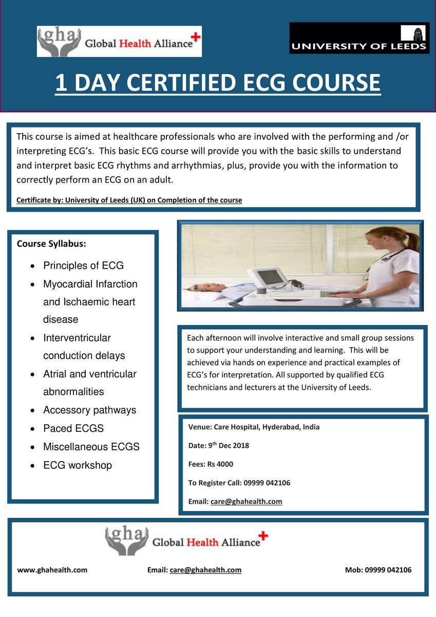 Jatin57246650's tweet photo. U.Ks Top Certified 1 Day ECG Course comes to India!!  
Venue: Care Hospital, Hyderabad, India  
Date: 9th Dec 2018 
To Register : Call : 9999042106 
https://t.co/tfvhswg0IY    #GHAIND #GHAUK #GlobalHealthAlliance #ECG #rajaynarain #cardiology #Hyderabad #nurses https://t.co/bPNQswoblp