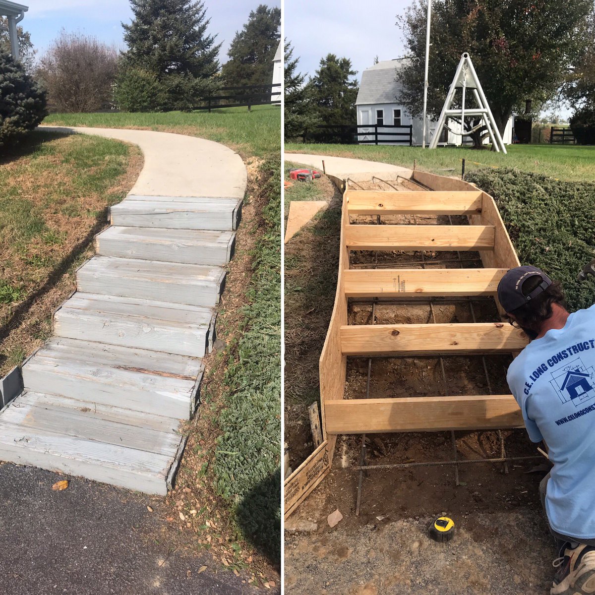 celongconstruct's tweet image. Removed an old set of wooden steps that were rotten and had seen better days. For a maintenance free solution, we’re setting up forms for concrete steps.  
#concrete #concretestairs #contractor #concretedesign #broadwayva #rockinghamcounty #virginia #shenandoahvalley #steps