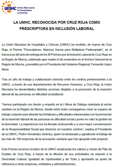Salud_21's tweet photo. La @UMHC1, reconocida por @CruzRojaMurcia como #prescriptora en #inclusiónlaboral. #Trabajo #Empleo #RecursosHumanos #DificultadSociolaboral #DiversidadCultural #IgualdadDeOportunidadYDeTrato @ciudaddeciencia @regiondemurcia @LopezMirasF https://t.co/l5tqDcKn8S