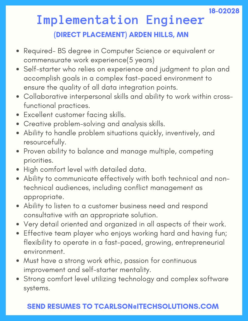 iTechSolutions_'s tweet image. We are looking for a Implementation Engineer for a Direct Placement opportunity in Arden Hills, MN. #ImplementationEngineer #ImplementationEngineerJobs #Engineer #EngineerJobs #ITEngineer #ITjobs #HotJobs

buff.ly/2OuSbzv