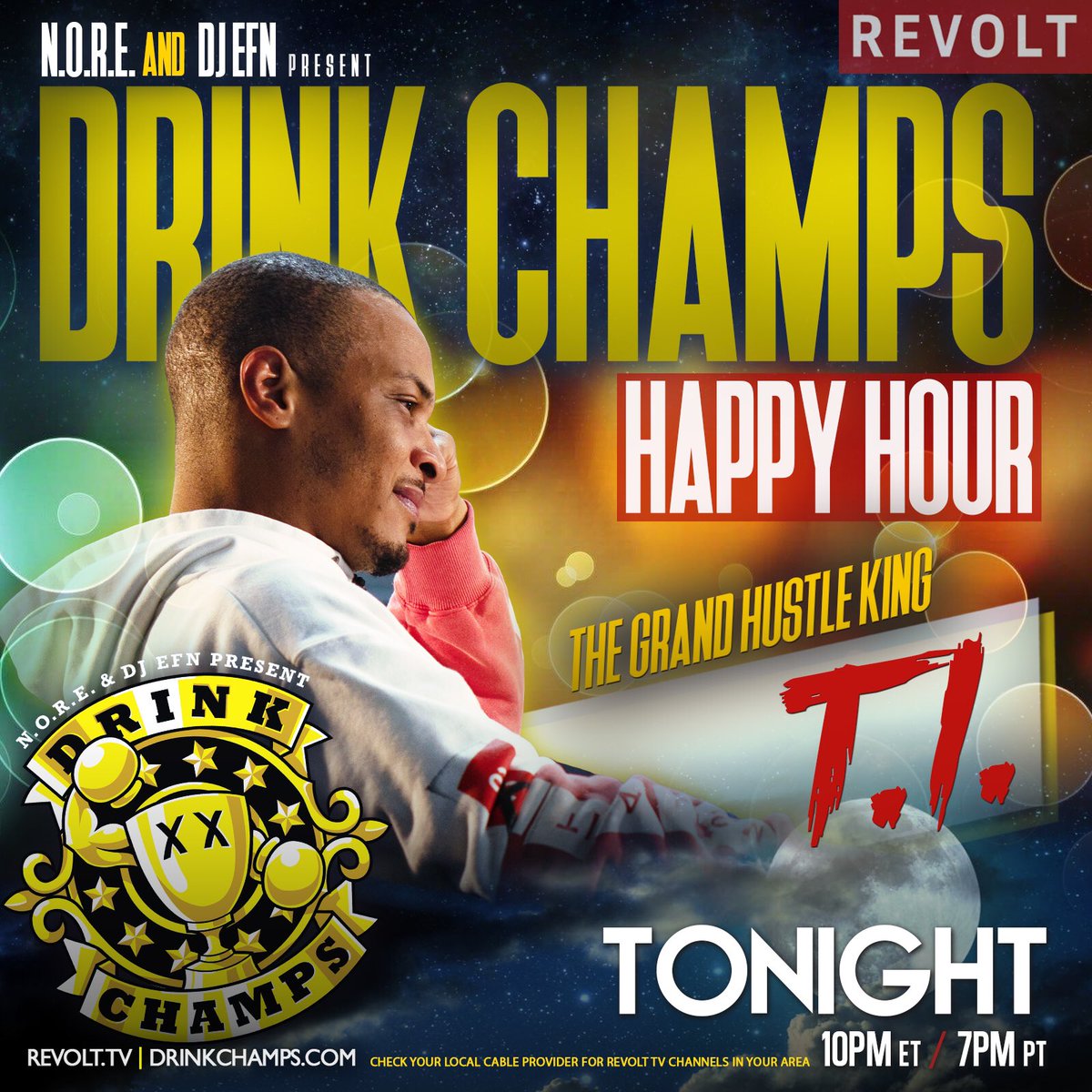 Revohloo's tweet image. .@Drinkchamps Tonight! @Tip joins @noreaga &amp;amp; @djEFN for an all new episode of #drinkchamps 🏆
10PM ET - 7PM PT
@revolttv