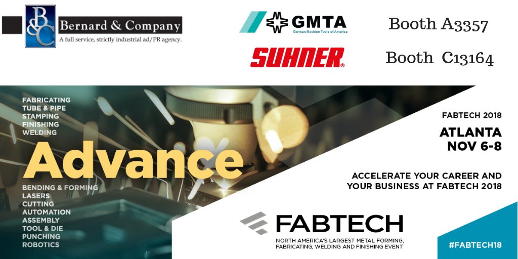 BernardandCo's tweet photo. There is still time to see our clients @GMTA_US and #SuhnerIndustrialProducts at @FabtechExpo in #Atlanta! #ArnoldRavensburg #Lasers #BvL #PartsWashingSystem #RobotTools #Automation #FABTECH18 #mfg #manufacturing #industrial #tradeshow @FMAmembership @SME_MFG @AWSHQ @PMATalk https://t.co/AdFs1Nip9v