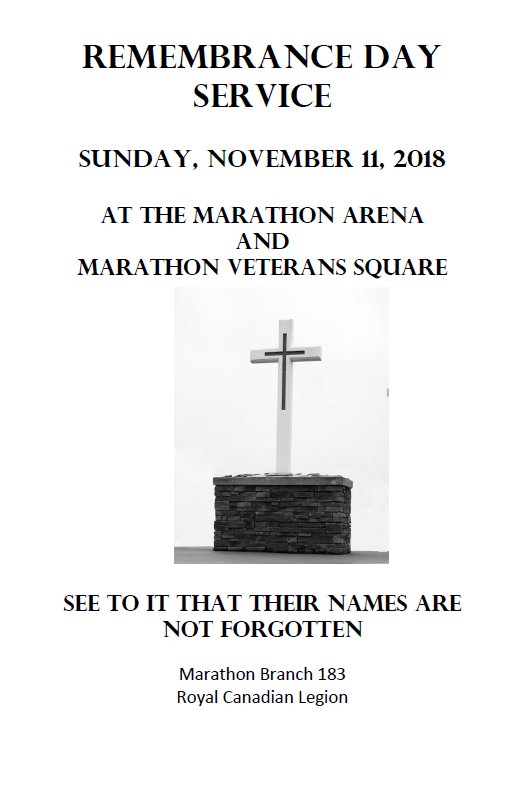 Marathon's Remembrance Day Service 2018

Service begins at 10:45 am
Light luncheon to follow at the Royal Canadian Legion Marathon Branch 183

Lest we forget