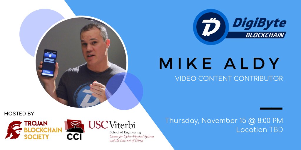 DGBSoCal's tweet image. I’m so stoked about giving a presentation one week from tonight @USC

All are welcome to attend this event hosted by the #Trojan Blockchain Society.

We'll be talking about why #DigiByte is the premiere #Blockchain for #Cybersecurity and for payments.

#FightOn #DGB @DigiByteCoin