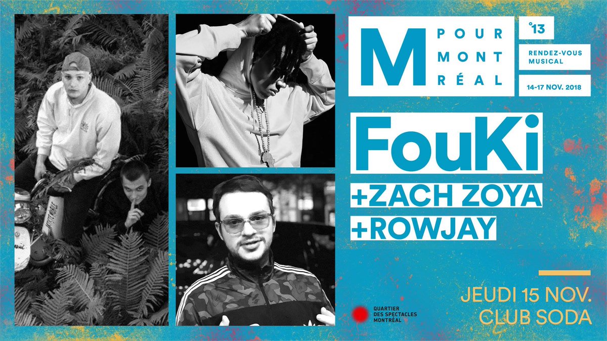 Our friends of <a href="/mformontreal/">M pour Montréal</a> come back for their 13th edition!
Don't miss the <a href="/siriusxmcanada/">SiriusXM Canada</a> special concert benefiting the Garage à musique de la Fondation du Dr Julien on November 15 at <a href="/ClubSodaMTL/">Club Soda</a> with <a href="/FouKiZay/">FouKi 🌿</a> <a href="/Zachzoya/">Zach zoya</a> &amp; <a href="/rowjayCOB/">rowjayC.O.B</a> !

Tickets 👉 bit.ly/2yvN7VB