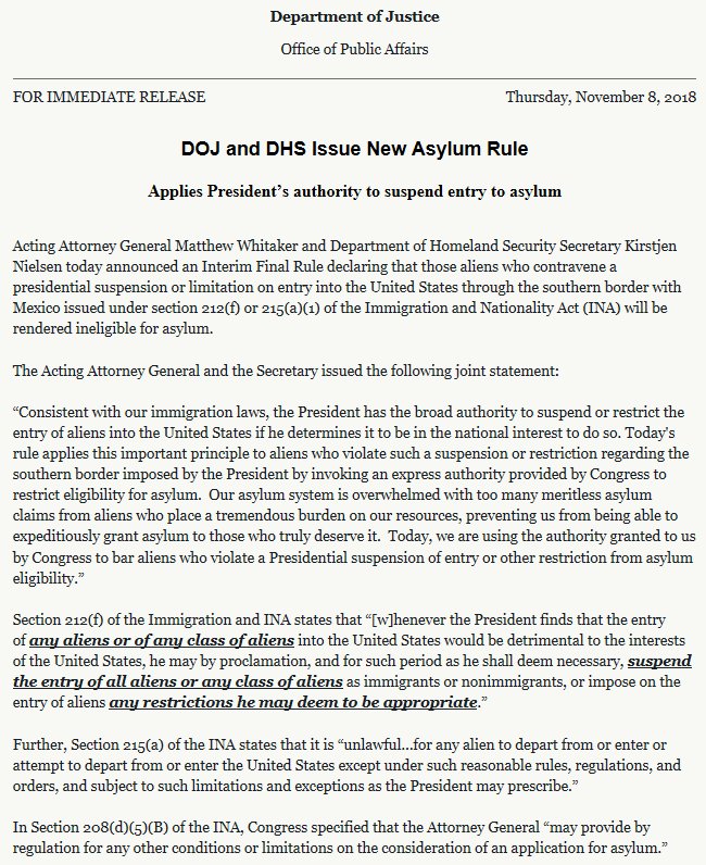 RedNationRising's tweet photo. New Acting AG Matthew Whitaker and DHS Kirstjen Nielson have just suspended the right to claim asylum at the southern border. https://t.co/HNbsJHTxr7 https://t.co/ylZ1nj7pSk