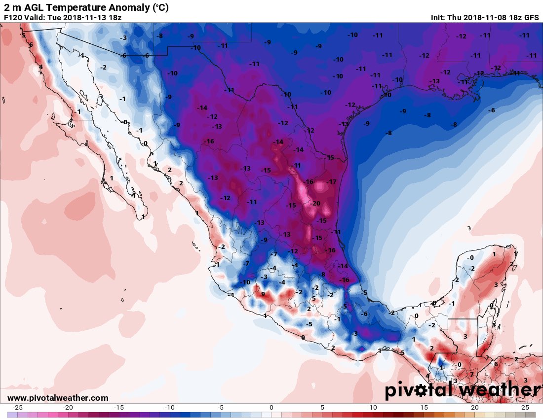 ❄️ALERTA: posible #TiempoInvernal 12-15/nov en #México, esperándose:
🔵Img 1: Drástico descenso térmico con 10-25ºC por debajo de lo normal, ambiente fresco a muy frío.
⛈Img 2: Lluvias y tormentas.
🌨Img 3: Aguanieve, nieve, hielo.
🌬Img 4: “Norte” violento de 100-140 km/h.