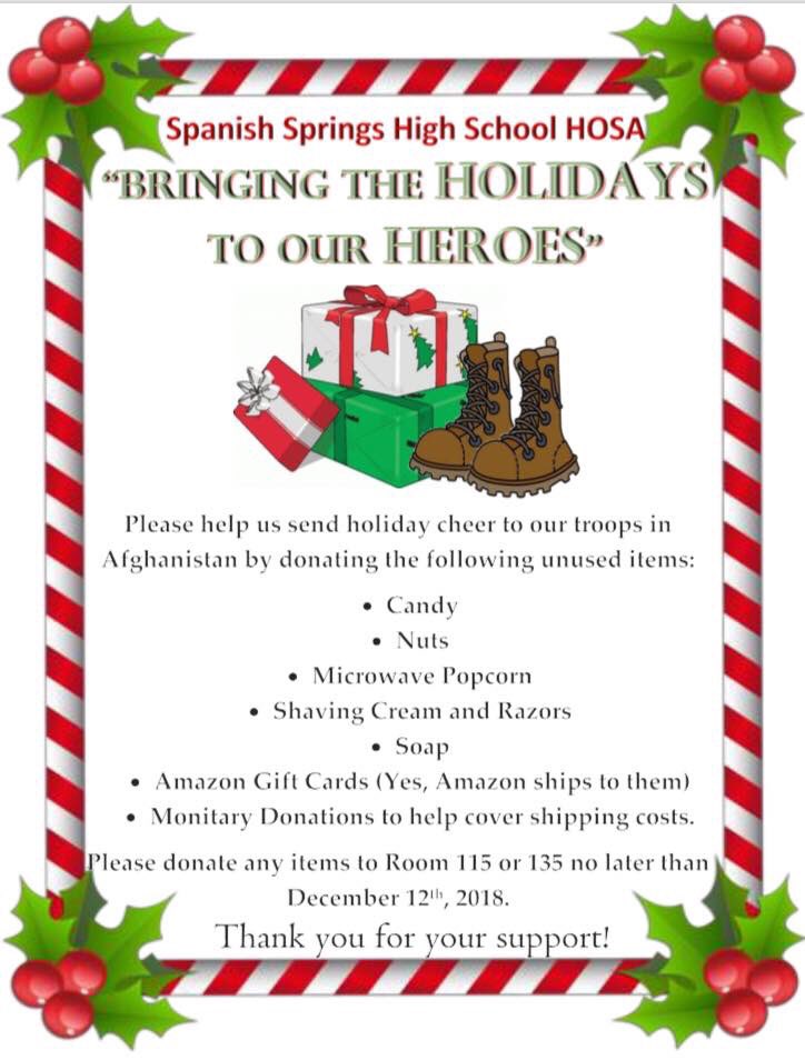 Spanish Springs High SchoolSports Medicine Academy on X: Please help our  HOSA students with our Winter Community Service Project. We are looking for  donations of the items below on the flyer to