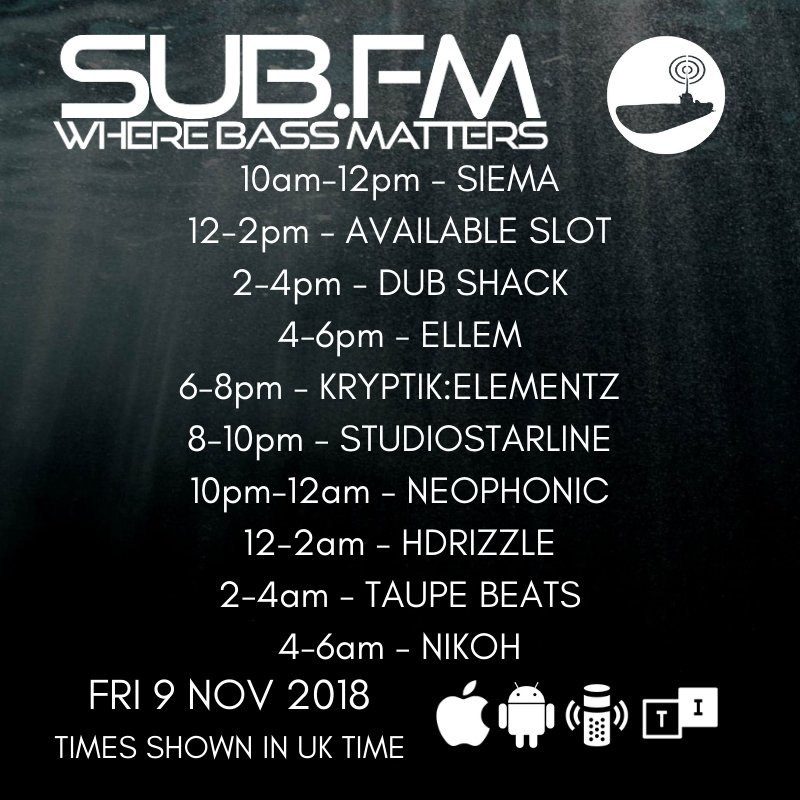 SubFM's tweet image. The lineup for Friday 9th November 2018

Sub.FM

@slinnage @ellemsounds @KryptikElementz @djsyte @freudubs @StudioStarline @HDrizzlesMuzik

#Dubstep #UKGarage #BassMusic #DnB #Grime #Dub #Reggae #House #Techno #Juke #Bass #Radio