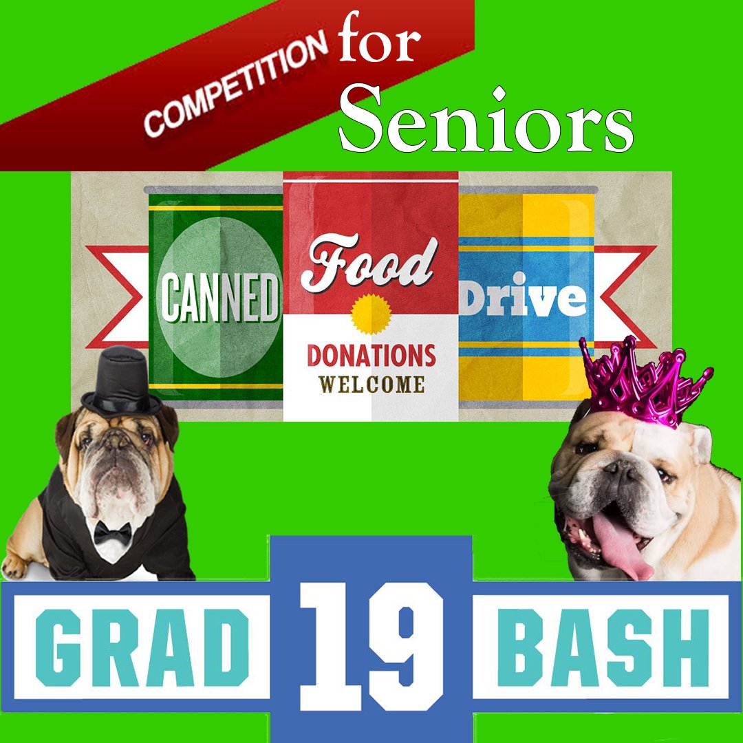 delandbulldogs's tweet image. The can food drive just started &amp;amp; the competition for seniors is back! Seniors: Bring in your non-perishable food items to Mr. Goldy! The Senior that brings in the most will get a choice of #GradBash or Prom ticket. 2nd place gets the remaining prize. #WeAreDeland