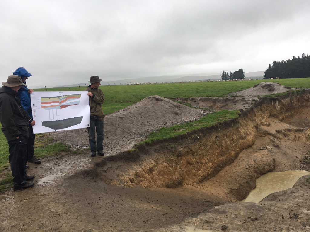 Last stop, Humps fault 2016 rupture with Jarg Pettinga & interactive trench log interpretation by @UCNZgeology student Thomas Brough & Russ VD @gnsscience . Still wet.