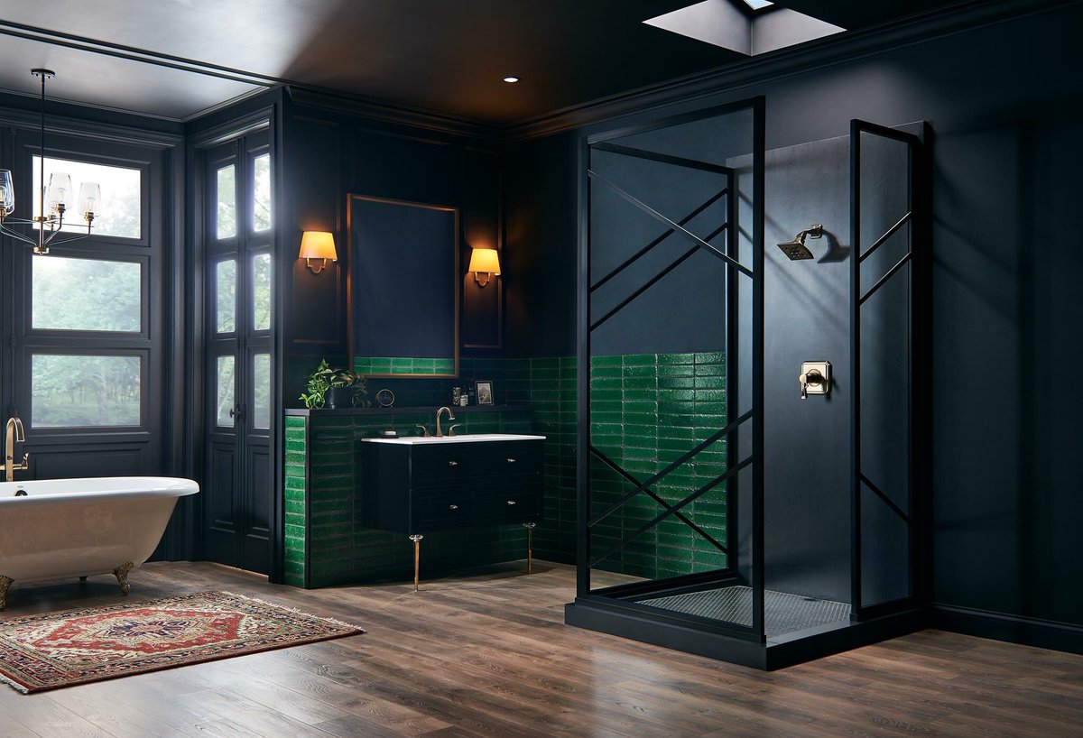 This design balances light and dark elements to create a gorgeous bath with the Gridscape 4 Paradigm at the center.