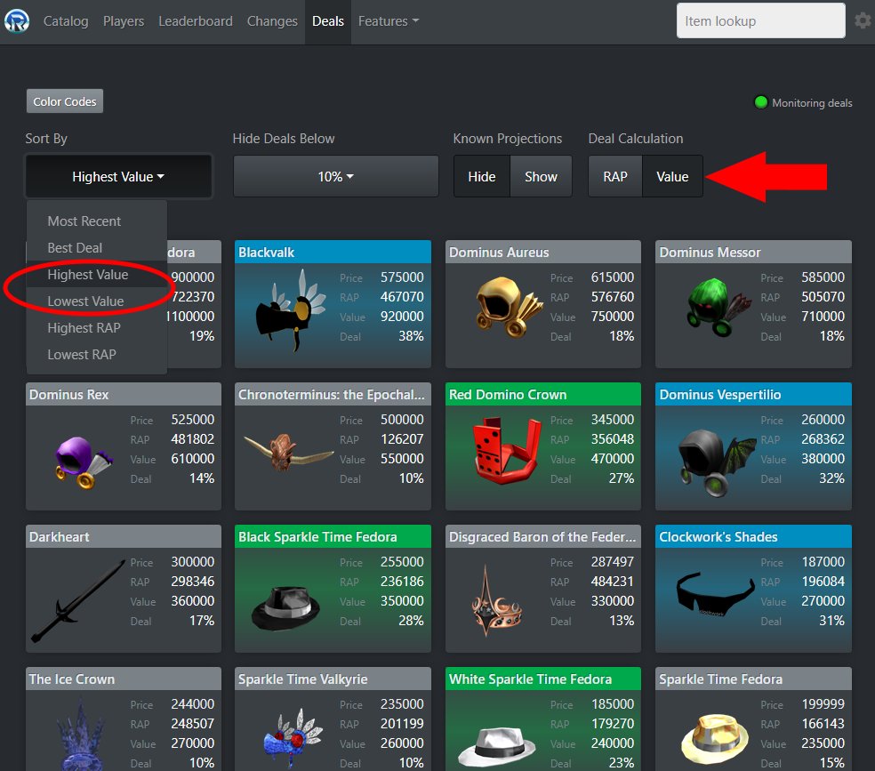 Roblox Trading News  Rolimon's on X: We've added Value-based deals to the  Deals page! Also added the ability to sort deals by value    / X