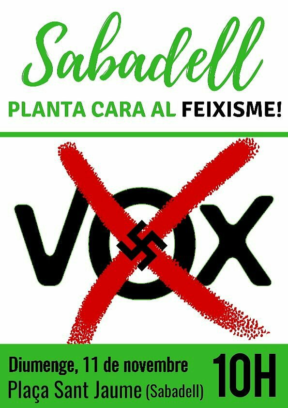 Davant l'amenaça de la presència de feixistes al nostre poble:

-Us convoquem aquest diumenge per cridar ben fort "fora feixistes dels nostres barris".

Ni volem homòfobs, ni volem racistes, ni volem masclistes.

#NoPassaran