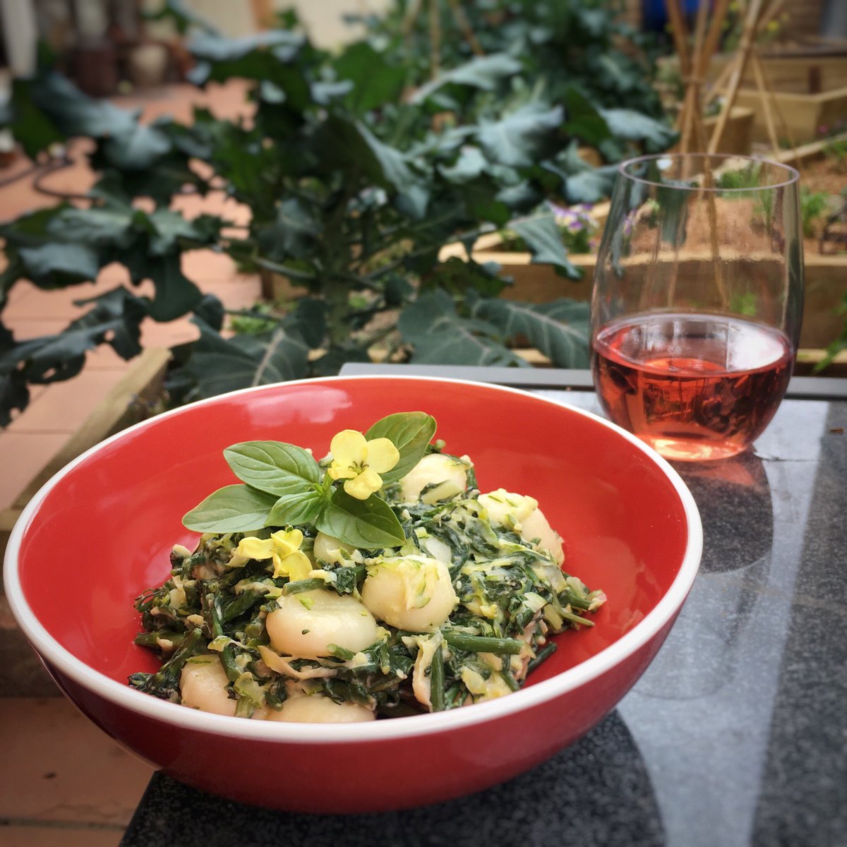 A #gourmet meal straight from my #garden : #silverbeet #zucchini #broccolisprouts #garlic &amp; #cheese with #gnocci &amp; #roseWine 
Inspired by Alys Fowler’s The Edible Garden 
#IgrewThis #myGarden #gardenToTable #veggieGarden #edibleGarden <a href="/AlysFowler/">Alys Fowler</a> #melbourne #australia #foodPorn
