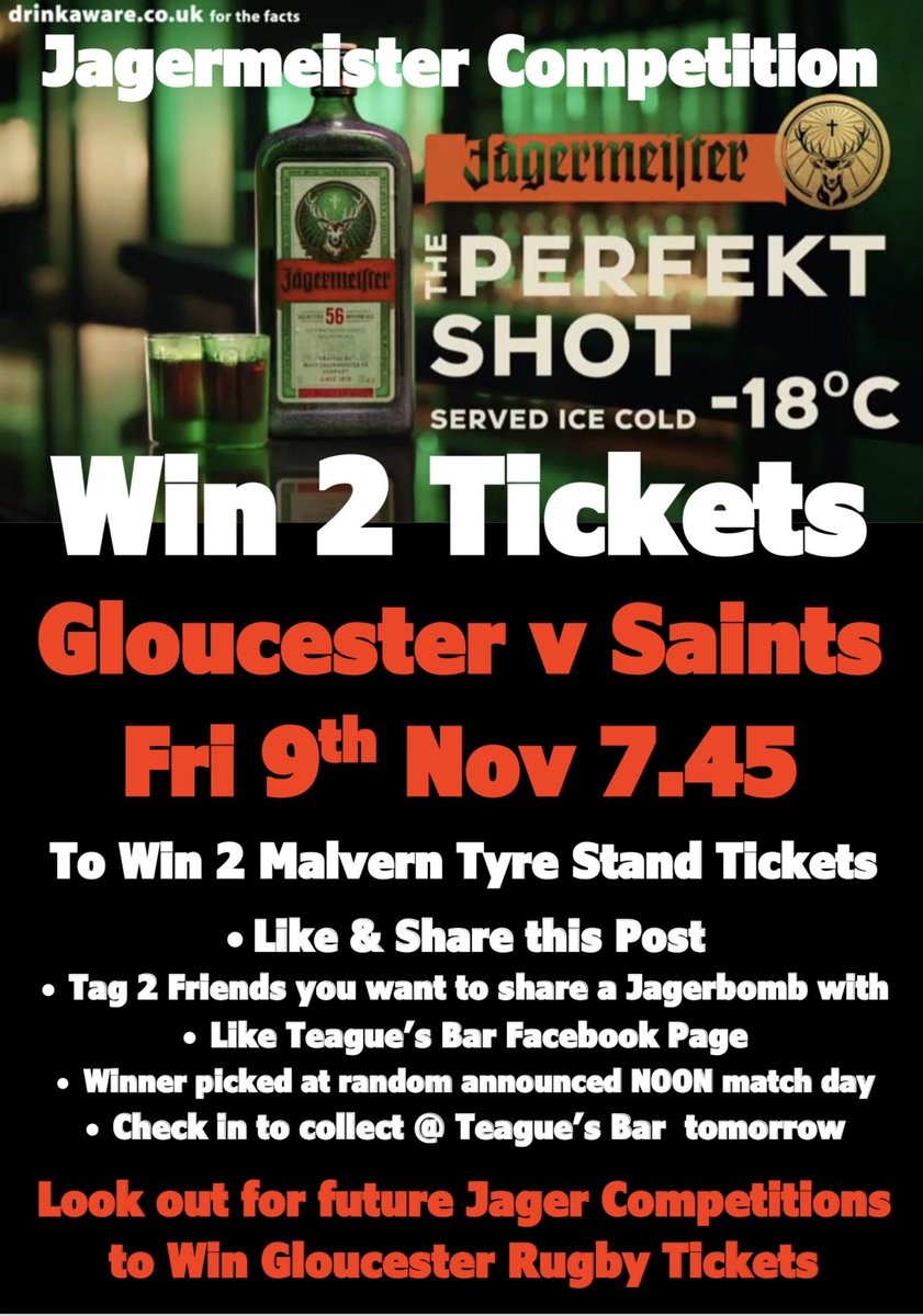 teaguesbar's tweet photo. 🏉🍒WIN🍒🏉Follow the link to win 2 tickets to Tonight’s Prem Cup game... Glaws V Saints courtesy of @JagermeisterUk https://t.co/SWvwjoUveZ https://t.co/yFVxHd1FRw