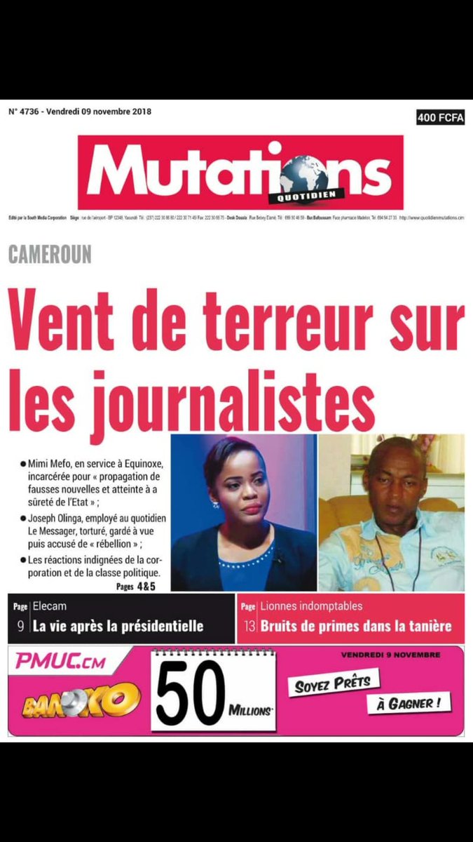 Asitchoma's tweet photo. La presse écrite joue sa partition.
Ensemble on obtiendra la libération de la journaliste @Mimimefo237 #WeStandForMimi #FreeMimiMefo #NoToIntimidations #JournalismIsNotACrime https://t.co/xrKi2p0Zzh