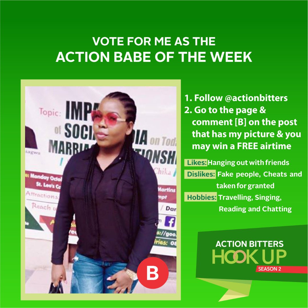 ActionBitters's tweet photo. Voting twice isnβt allowed &voting ends by Monday 12th November,12 Noon.
Random voters that follow us, will win free airtime.
#ActionBittersHookUp2 #actionbitters #hookup #Nigeria #Fridayfeeling #Lagos #UndisputedBitters #man #woman #relationshipgoals #frayay #friday https://t.co/7uX33k3hoT