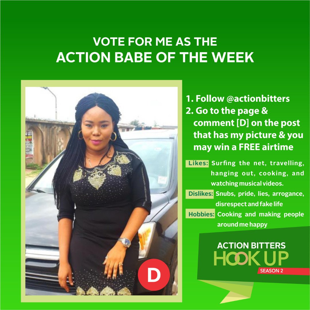 ActionBitters's tweet photo. Voting twice isnβt allowed &voting ends by Monday 12th November,12 Noon.
Random voters that follow us, will win free airtime.
#ActionBittersHookUp2 #actionbitters #hookup #Nigeria #Fridayfeeling #Lagos #UndisputedBitters #man #woman #relationshipgoals #frayay #friday https://t.co/7uX33k3hoT