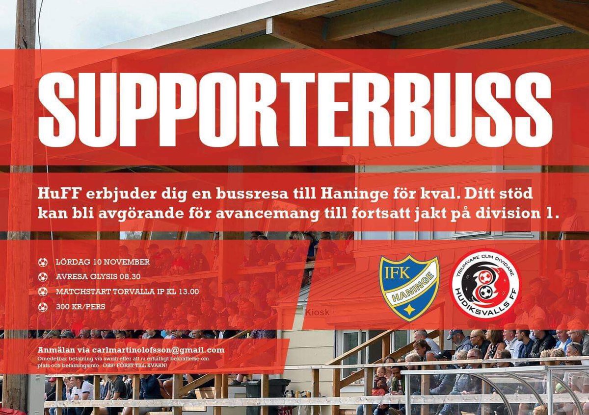 HudiksvallsFF's tweet photo. VI BEHÖVER DITT STÖD!! Finns fortfarande platser kvar till morgondagens viktiga match nere i Haninge. Boka din plats nu! 🔴⚪️😃 https://t.co/cb6f6xxenK