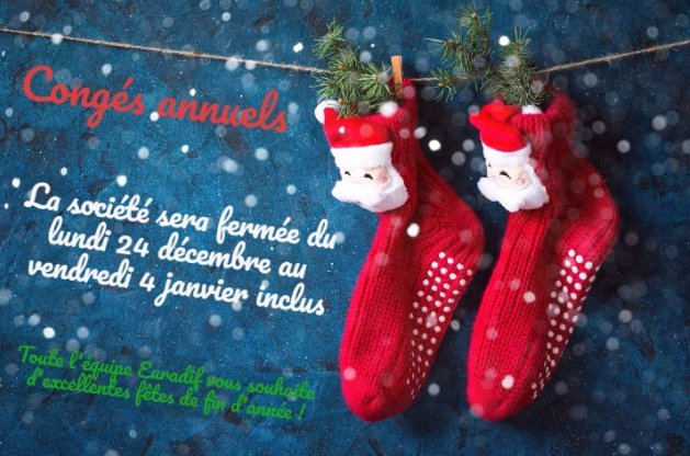 Euradif's tweet photo. [CONGÉS ANNUELS]

🎅🎄Les fêtes de fin d'année approchent. 🎄🎅

La société sera fermée pour congés annuels du lundi 24 décembre au vendredi 4 janvier inclus.

https://t.co/kUsj5f02VC https://t.co/BbRn1cSuG9