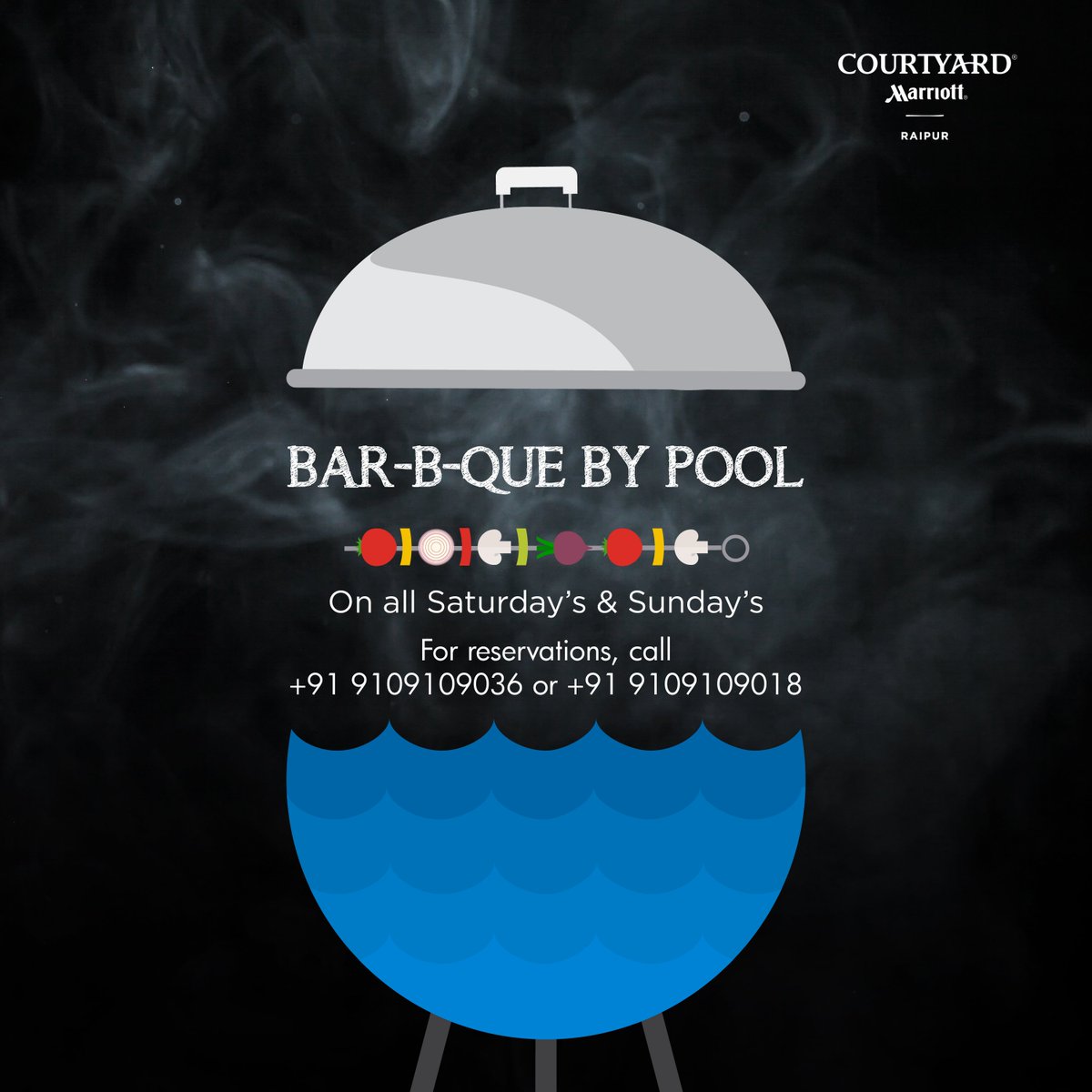CourtyardRaipur's tweet photo. Spend your Saturdays and Sundays relaxing by the pool as we keep the delicious, sizzling hot grills coming. 

For reservations call, +91 7827604142 or +91 9131261334. 

#Weekends #Grills #Barbeque #PoolsideBarbeque https://t.co/NFOrTmc6Vz