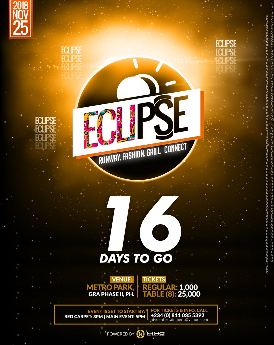 _eclipse_show's tweet photo. 16 days to greatness! 
  
🔉🔊🔊🔊🔊sound it!🔊🔊🔊🔊🔊
@BelieveAllCom @DirectPHC @AskPHPeople @Yomicasualng
@places_phc @PHeventplace @voguemagazine @fashionistarz1 @EventsInPHC @kobo_medlyn #eclipse2018 https://t.co/ofpBGFOeo6