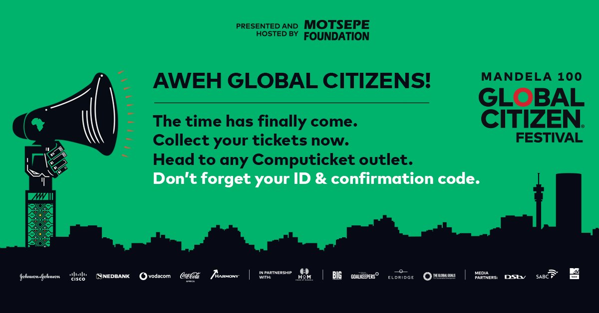 GlblCtzn's tweet photo. Calling all #GlobalCitizenFestivalSA: Mandela 100 ticket winners 📣 The day is finally here, it’s time to start collecting your tickets! 

#GlobalCitizen #BeTheGeneration #Mandela100 https://t.co/GabtJ4uLnE