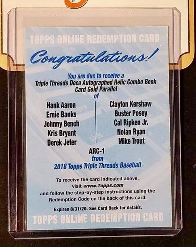 maevro's tweet image. I’m not a booklet fan but come on...he hit this in 2018 #Topps #TripleThreads #Break : #HankAaron • #ErnieBanks • #JohnnyBench • #KrisBryant • #DerekJeter • #ClaytonKershaw • #BusterPosey • #CalRipkenJr • #NolanRyan • #MikeTrout #Autographs #Redemption @topps