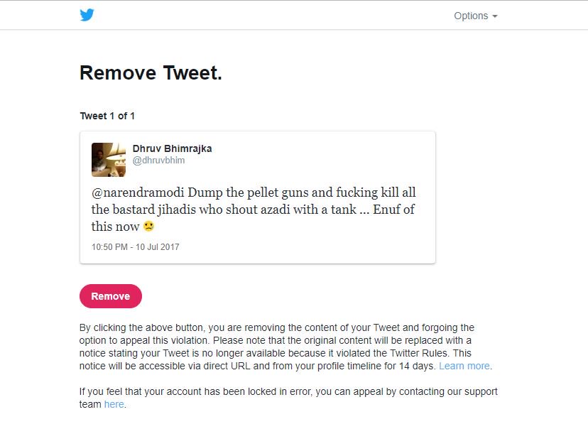dhruvbhim's tweet photo. hi @jack @TwitterIndia @TwitterSupport if i ask for the govt of the day to kill the terrorists who infiltrate in my country . m asked to remove the tweet in order to use my account .. get your house in order buddy cz someday these people will come for YOU !!!! #IntolerantTwitter https://t.co/e02mBmBnKm
