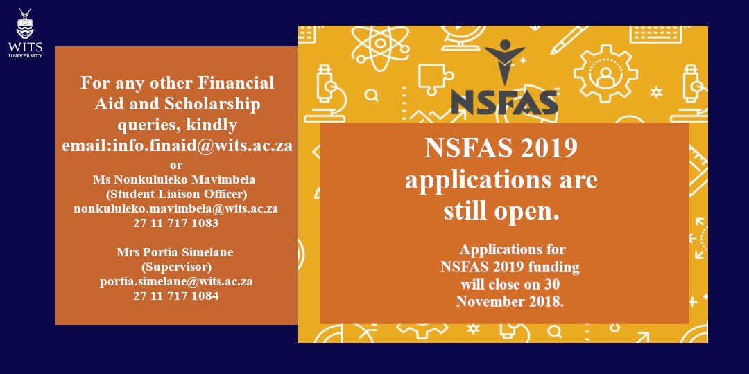 SDLUWits's tweet image. TGIF Witsies. a reminder not to miss NSFAS application window to secure your funding for 2019.

Applications close 30 November 2018.