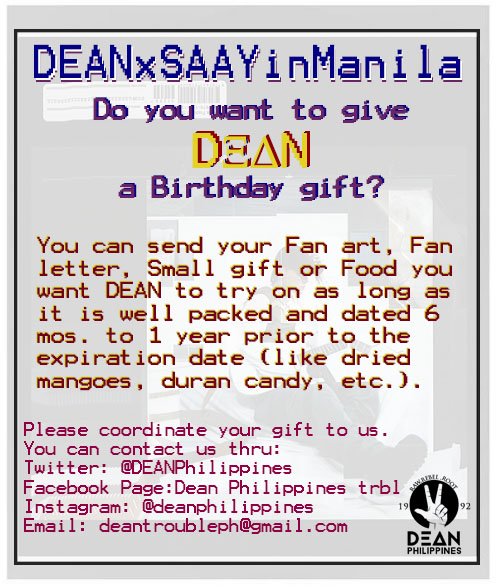 DEANPhilippines's tweet photo. REBELS!!
Do you want to give #DEAN a Birthday gift for this coming #DEANxSAAYinManila?
Let us know..
You can contact us here at twitter @DEANPhilippines
IG: deanphilippines
FB Page: https://t.co/FFTqZQxzu4
Email: deantroubleph@gmail.com
#DeanDayFly #happybirthDEAN #hyukdoriday https://t.co/mgFxEslulp